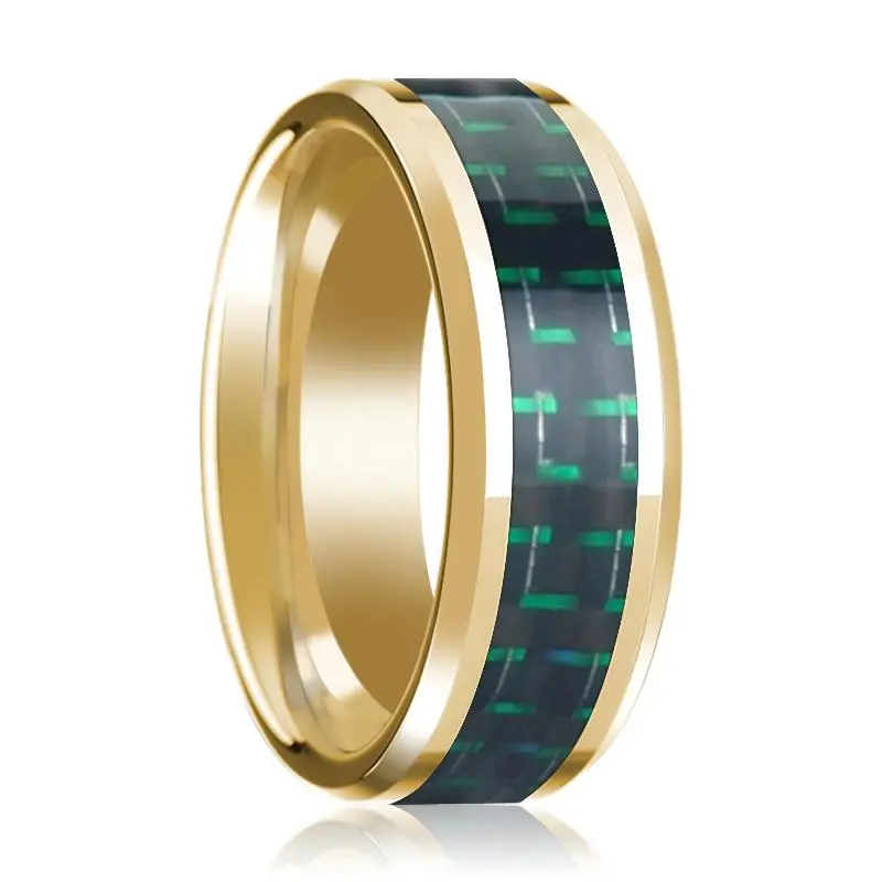 14K Gold Wedding Band - Men's Carbon Fiber Ring With Beveled Edge & Comfort Fit 8Mm 1