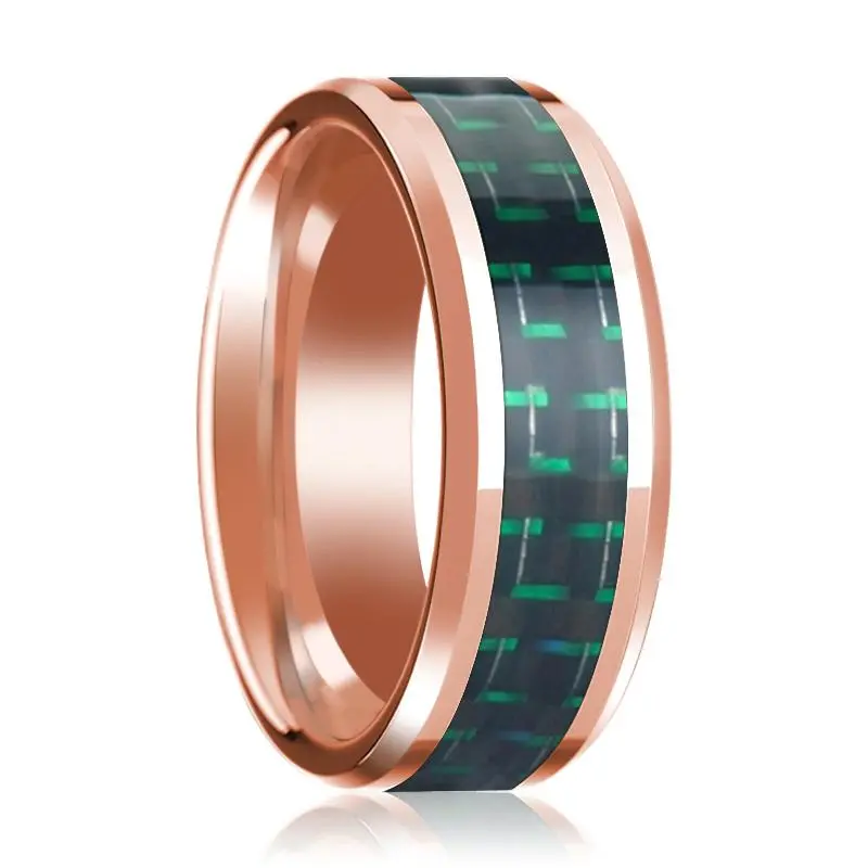 Black & Green Carbon Fiber Inlaid Men's 14K Rose Gold Polished Wedding Band With Beveled Edges - 8Mm 1