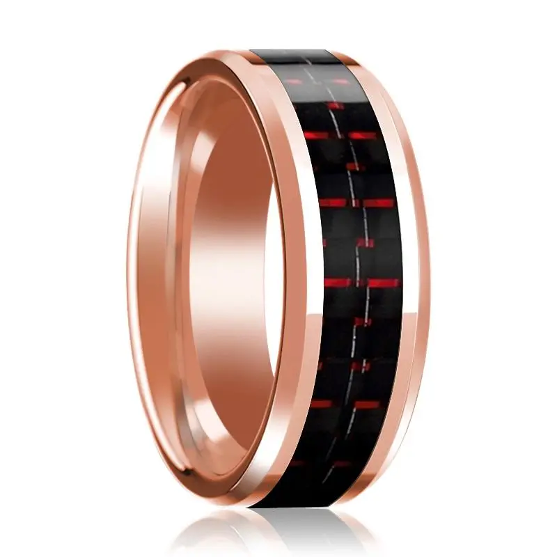 Black & Red Carbon Fiber Inlaid Men's 14K Rose Gold Polished Wedding Band With Beveled Edges - 8Mm 1