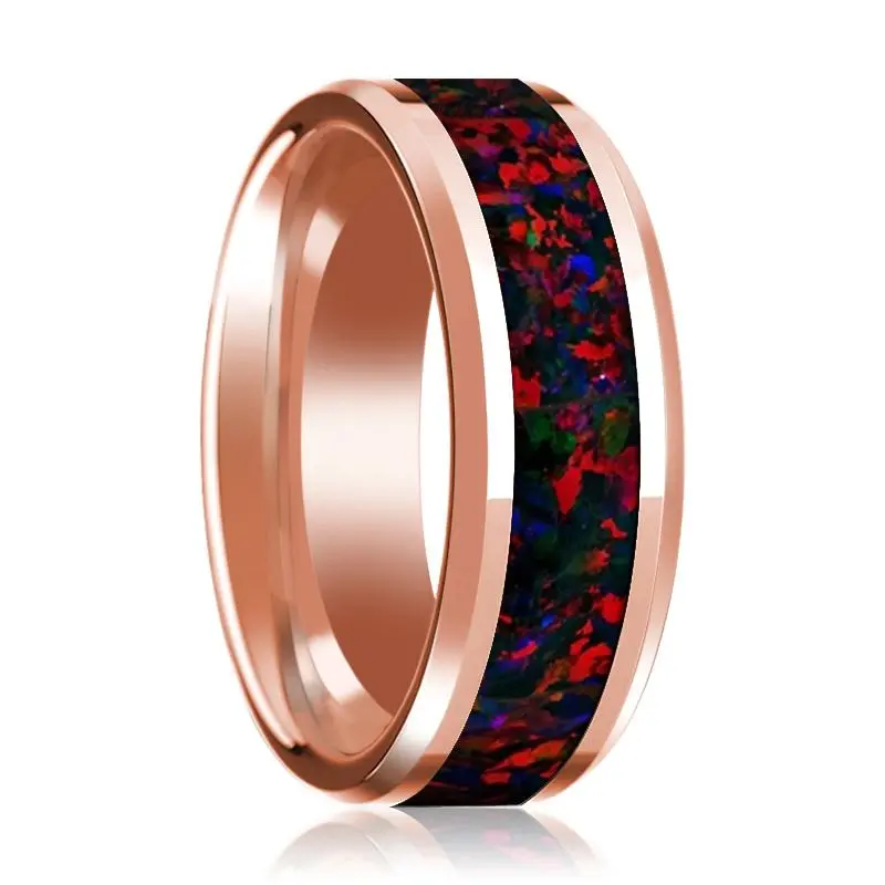Black & Red Opal Inlaid 14K Rose Gold Polished Wedding Band For Men With Beveled Edges - 8Mm 1