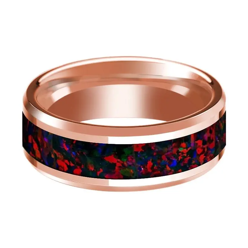 Black & Red Opal Inlaid 14K Rose Gold Polished Wedding Band For Men With Beveled Edges - 8Mm 2