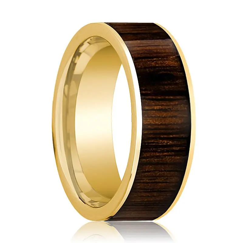Black Walnut Wood Inlaid Men's 14K Yellow Gold Flat Wedding Band Polished Finish - 8Mm 1