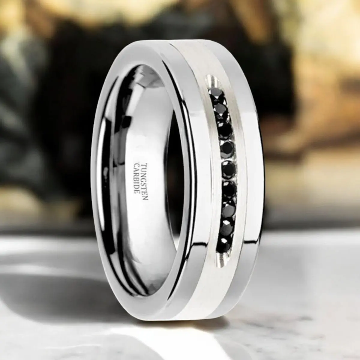 Blackstone | Silver Tungsten Ring, Sterling Inlay, Black Diamonds, Flat 1