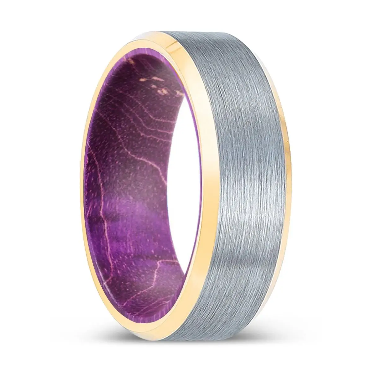 Blandlarch | Purple Wood, Brushed, Silver Tungsten Ring, Gold Beveled Edges 1