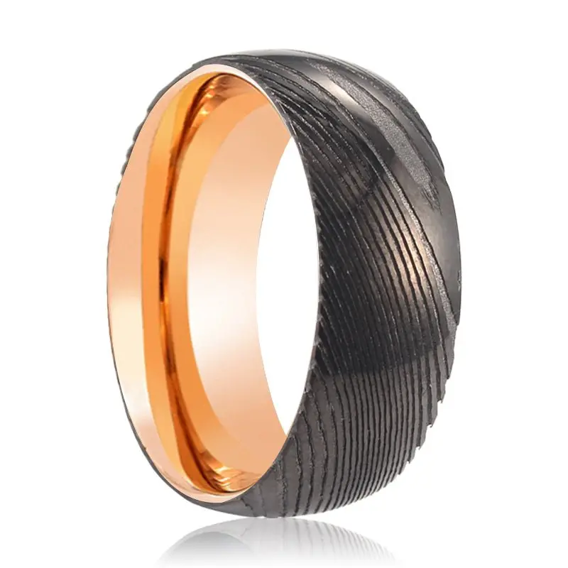 Blazing | Rose Gold Ring, Gunmetal Damascus Steel Ring, Domed 1