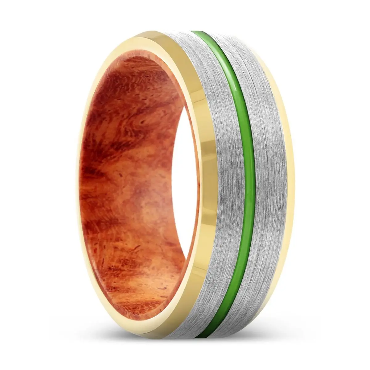 Bliss | Red Burl Wood, Silver Tungsten Ring, Green Groove, Gold Beveled Edge 1