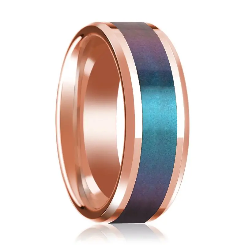 Blue And Purple Color Changing Inlaid 14K Rose Gold Wedding Band For Men With Beveled Edges Polished Finish - 8Mm 1