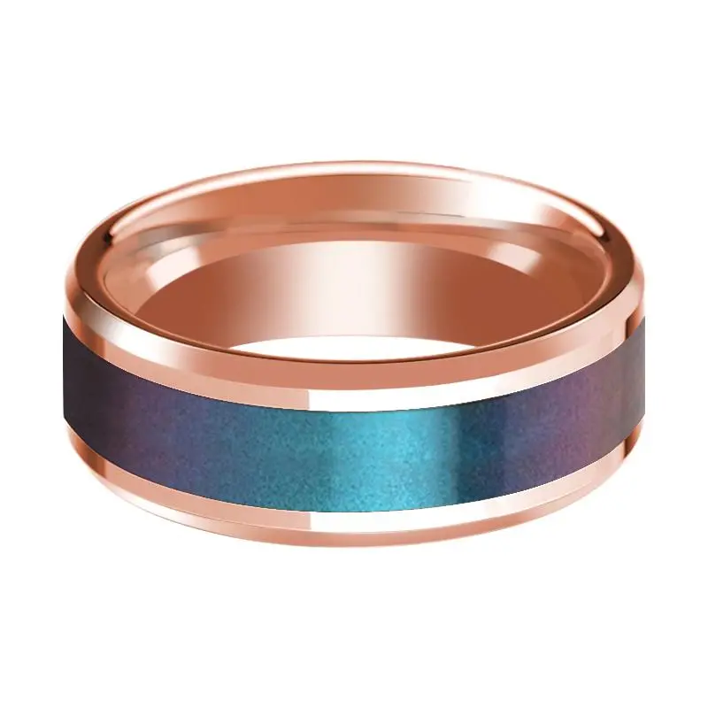 Blue And Purple Color Changing Inlaid 14K Rose Gold Wedding Band For Men With Beveled Edges Polished Finish - 8Mm 2