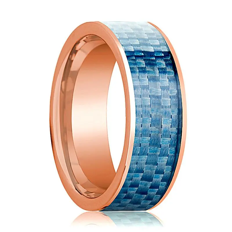 Blue Carbon Fiber Inlaid Flat Polished 14K Rose Gold Wedding Ring For Men - 8Mm 1