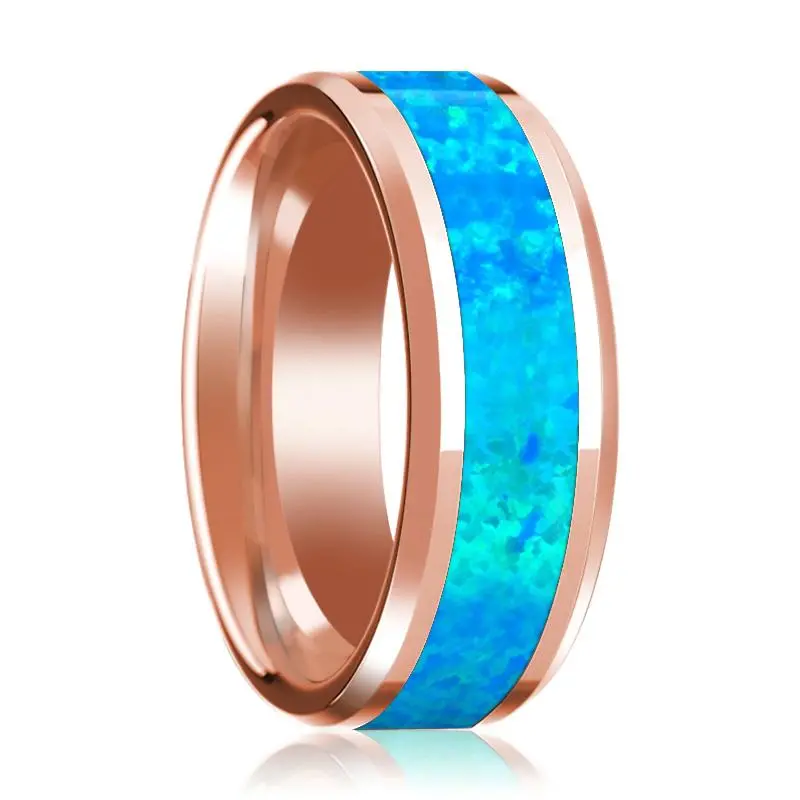 Blue Opal Inlaid Men's 14K Rose Gold Polished Wedding Band With Bevels - 8Mm 1
