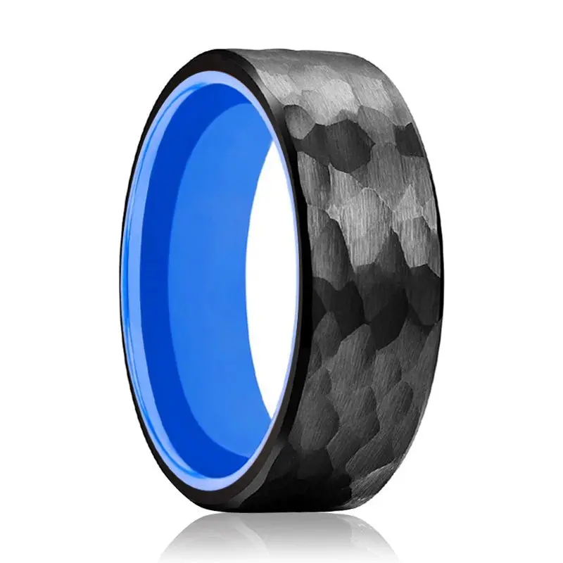 Bluedevil | Blue Ring, Black Tungsten Ring, Hammered, Flat 1