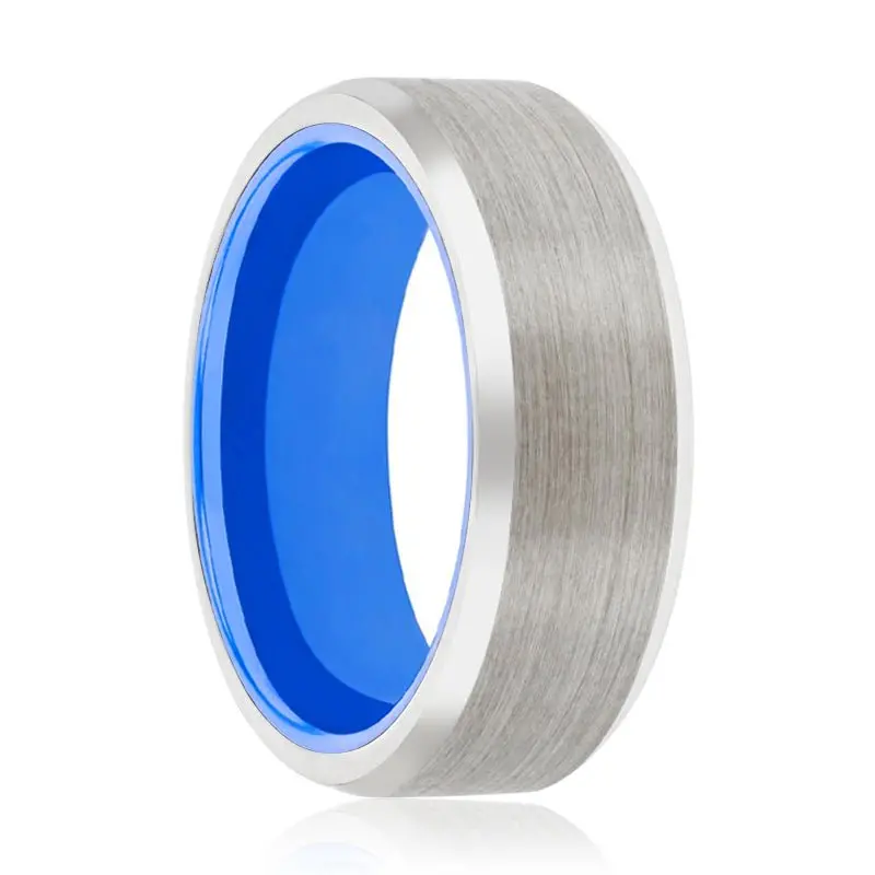 Bluedini | Blue Ring, Silver Tungsten Ring, Brushed, Beveled 1