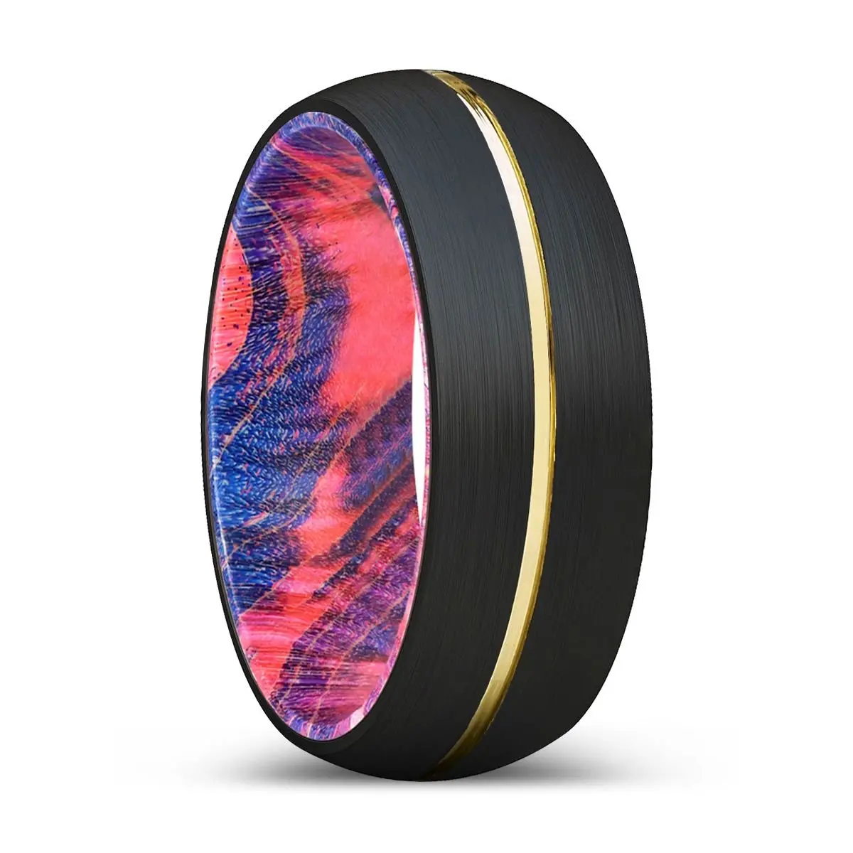 Blueghost | Blue & Red Wood, Black Tungsten Ring, Gold Groove, Domed 1
