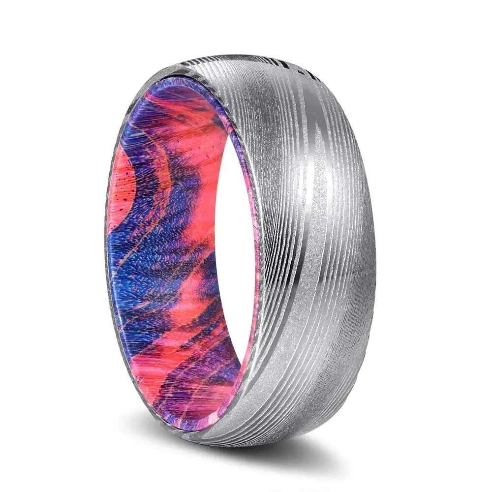 Bluehawk | Blue And Red Wood, Silver Damascus Steel, Domed 1