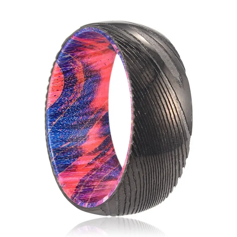 Bluejay | Blue & Red Wood, Gunmetal Damascus Steel Ring, Domed 1