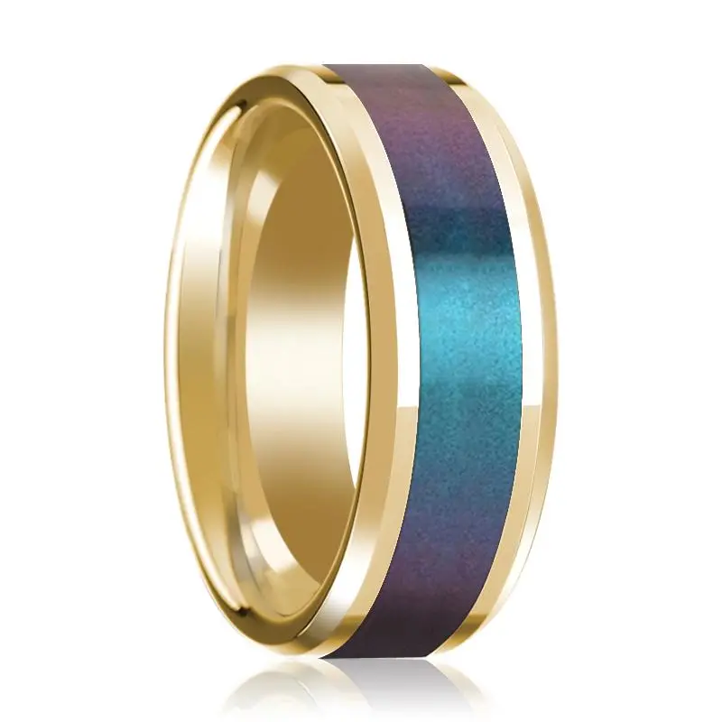 Blue/Purple Color Changing Inlaid Men's 14K Yellow Gold Polished Wedding Band With Beveled Edges - 8Mm 1