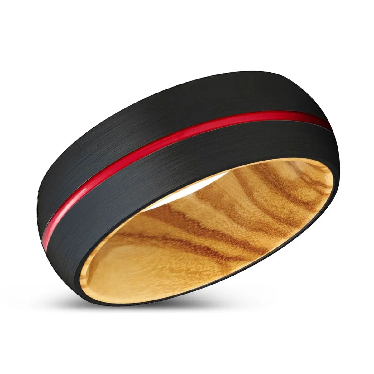 Bluster | Olive Wood, Black Tungsten Ring, Red Groove, Domed 2