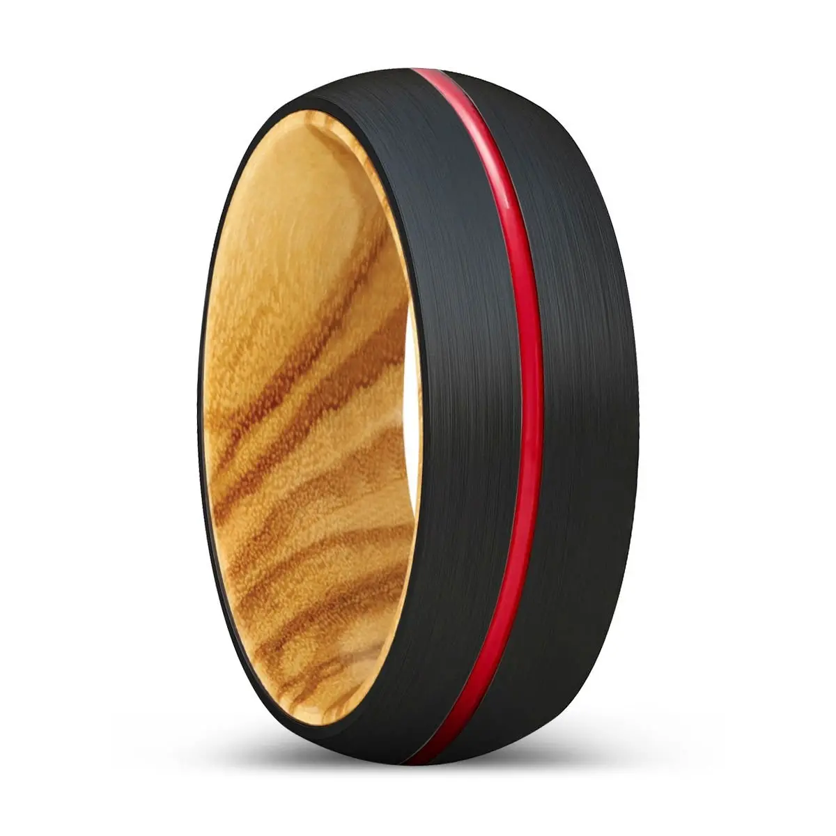 Bluster | Olive Wood, Black Tungsten Ring, Red Groove, Domed 1