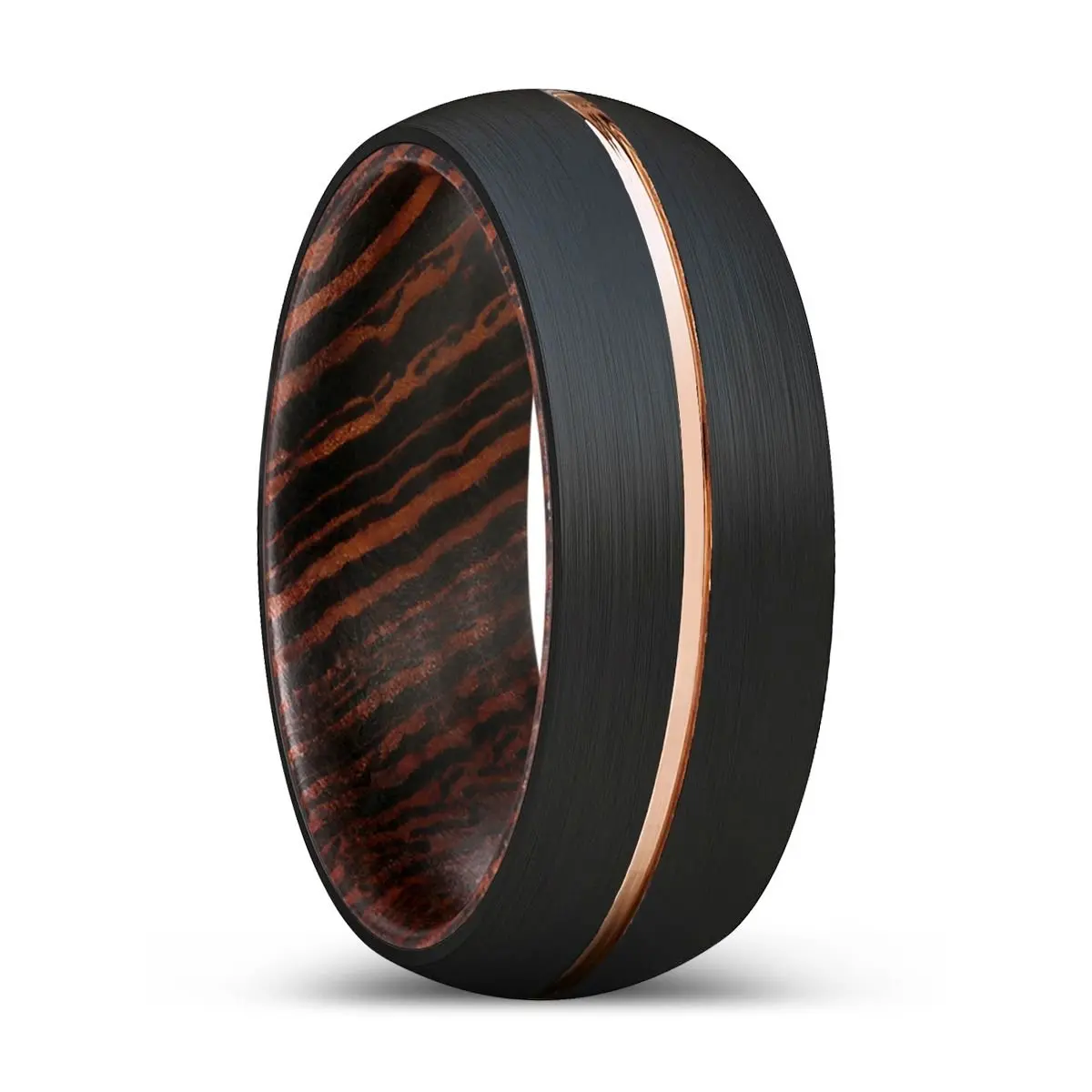 Boar | Wenge Wood, Black Tungsten Ring, Rose Gold Groove, Domed 1