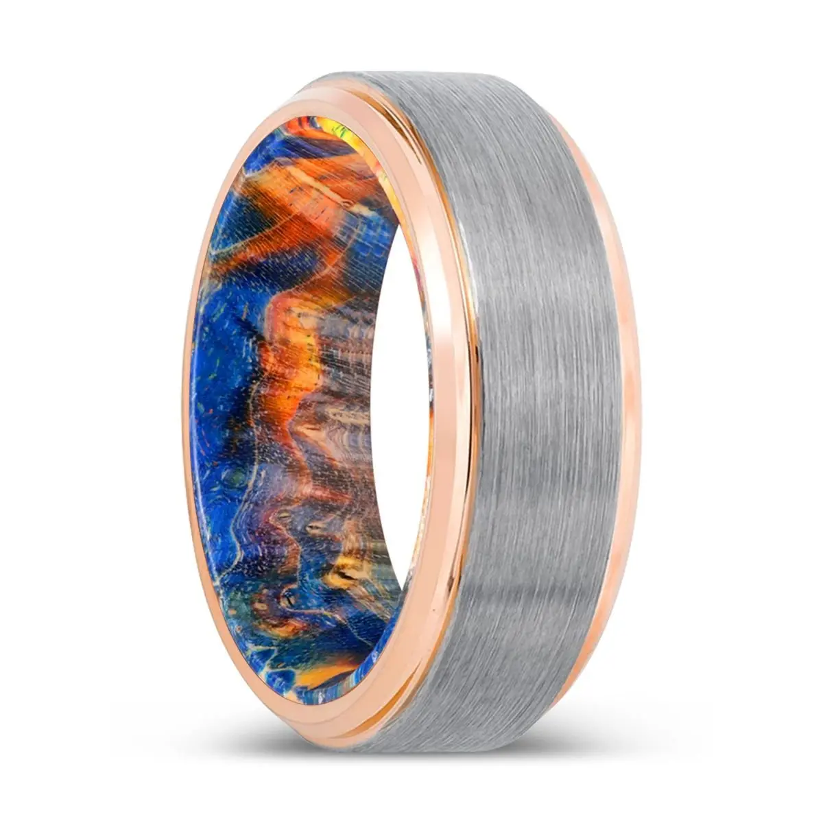 Bobcat | Blue & Yellow/Orange Wood, Silver Tungsten Ring, Brushed, Rose Gold Stepped Edge 1
