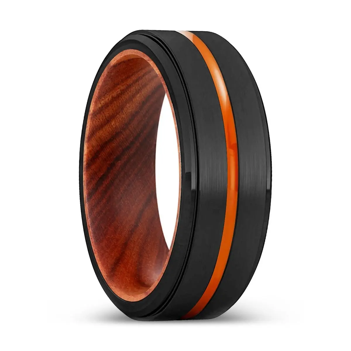 Boise | Iron Wood, Black Tungsten Ring, Orange Groove, Stepped Edge 1