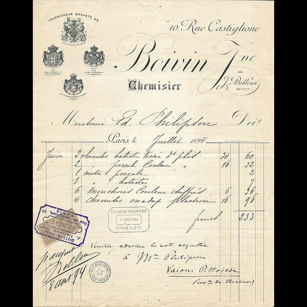 Boivin Jeune - Facture Du Chemisier, 10 Rue Castiglione À Paris (1894) 1