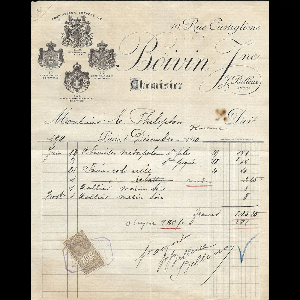Boivin Jeune - Facture Du Chemisier, 10 Rue Castiglione À Paris (1910) 1