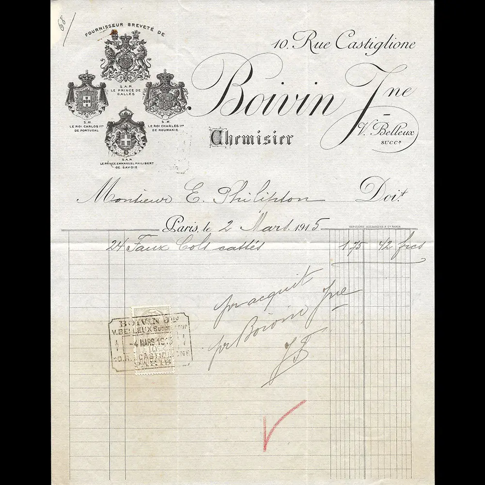 Boivin Jeune - Facture Du Chemisier, 10 Rue Castiglione À Paris (1915) 1