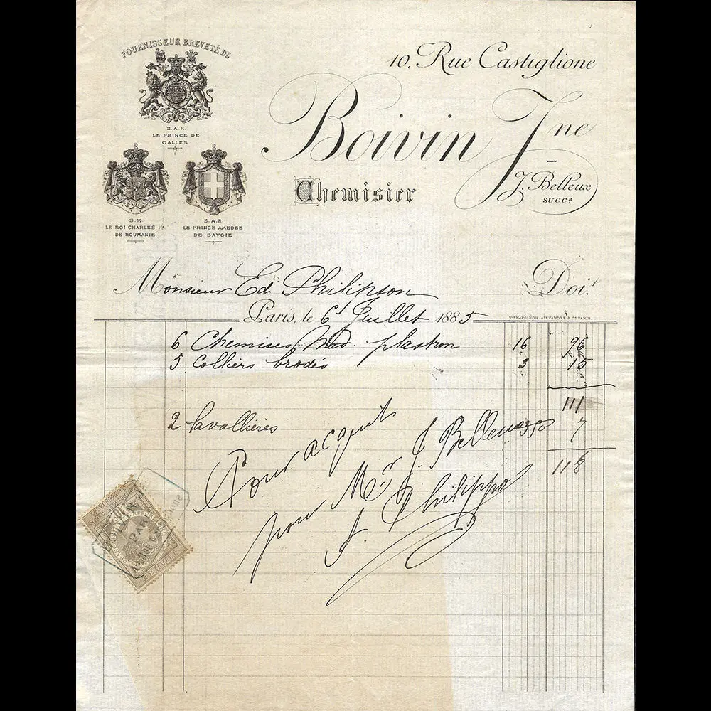 Boivin Jeune - Facture Du Chemisier, 10 Rue Castiglione À Paris (1885) 1