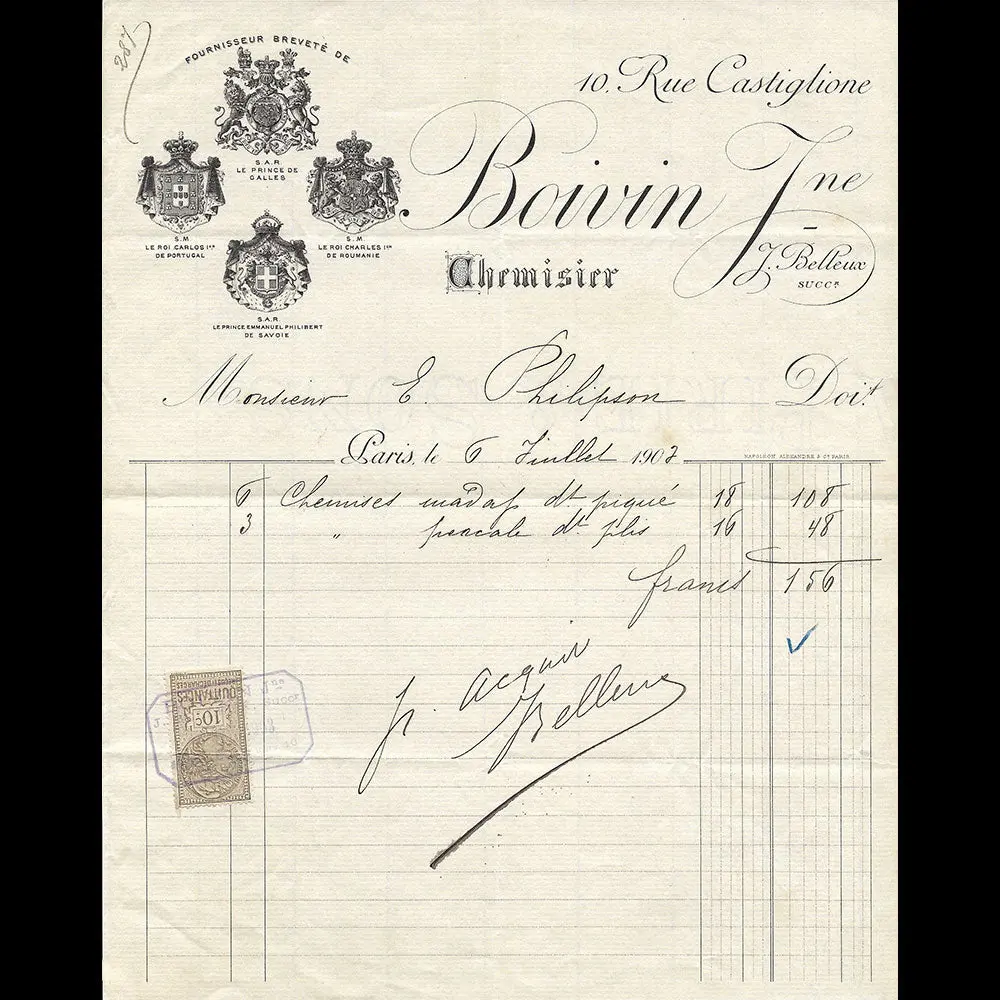 Boivin Jeune - Facture Du Chemisier, 10 Rue Castiglione À Paris (1907) 1