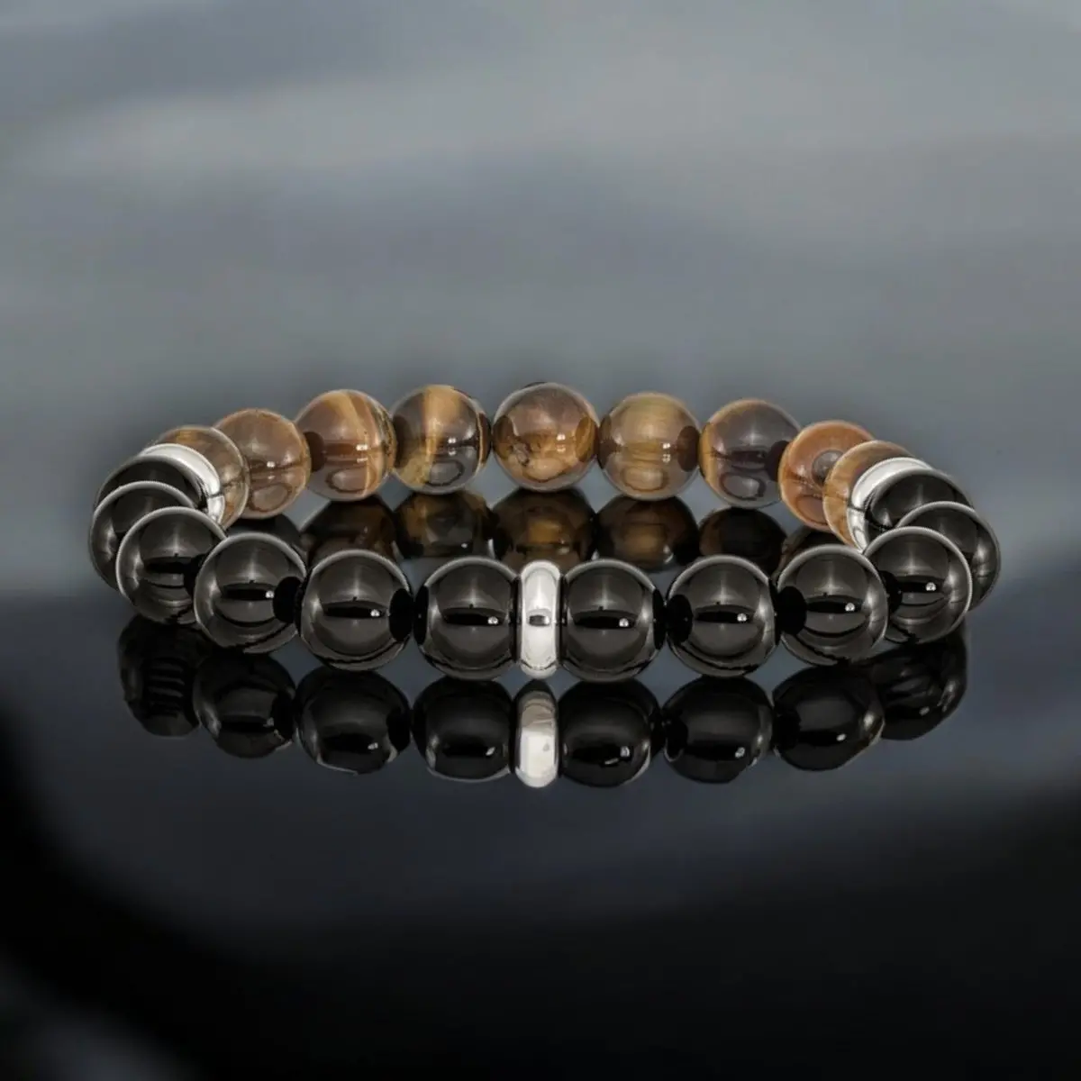 Men's Beaded Bracelet - Black Agate & Tiger's Eye Stretch Wrist Accessory 1