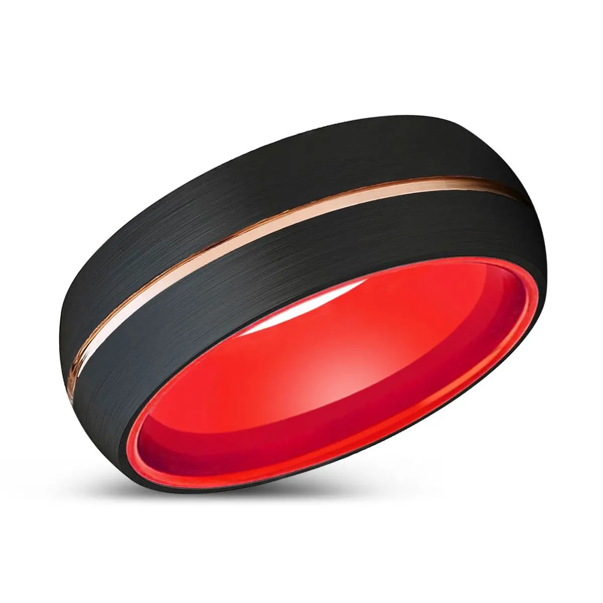 Bold | Red Ring, Black Tungsten Ring, Rose Gold Groove, Domed 2