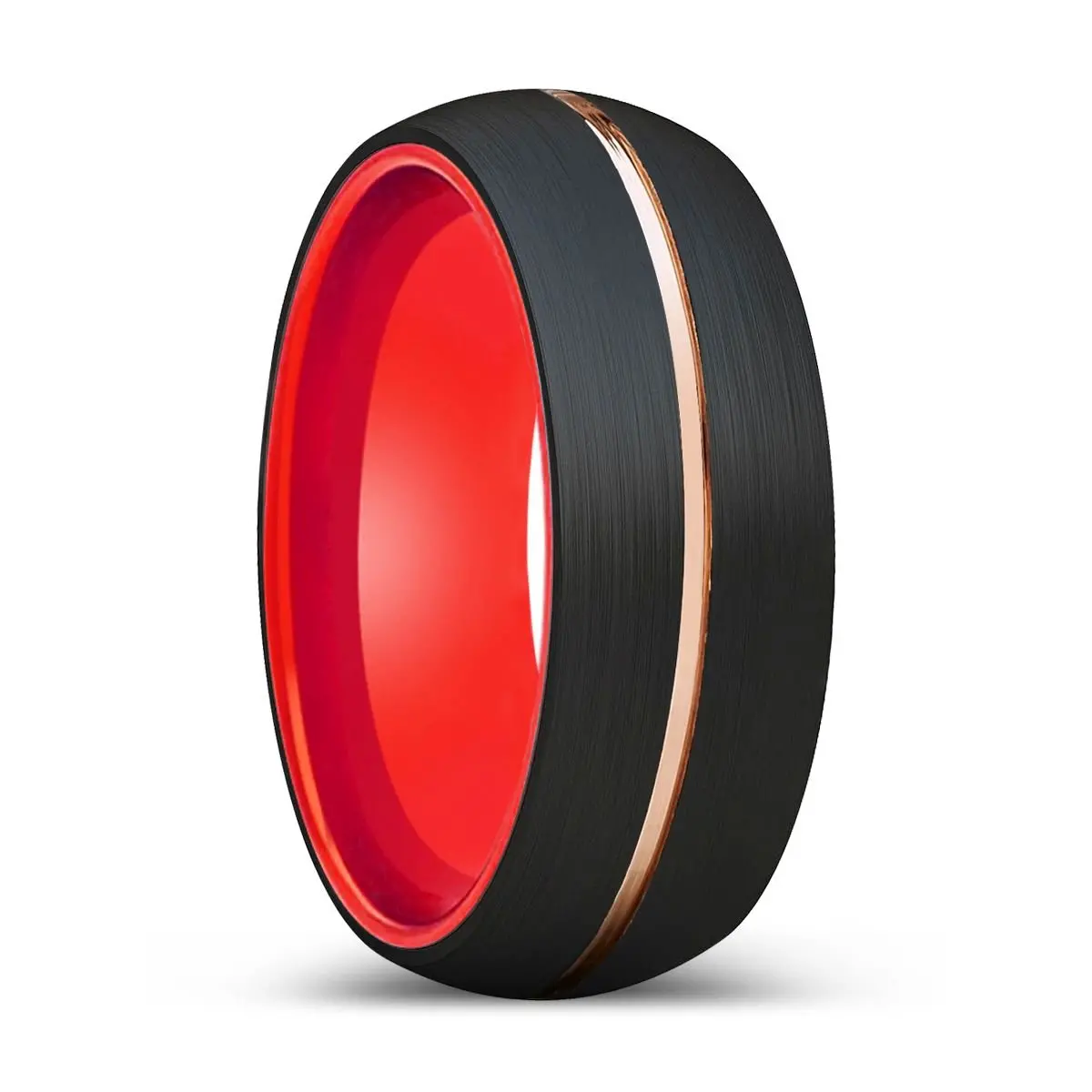 Bold | Red Ring, Black Tungsten Ring, Rose Gold Groove, Domed 1
