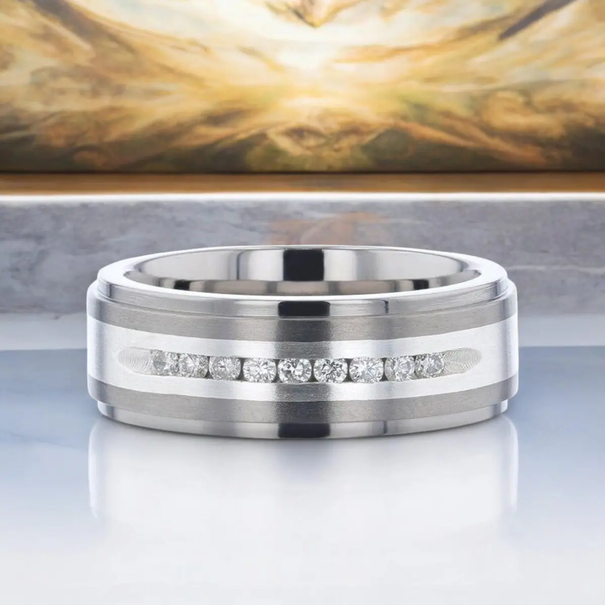 Bond | Silver Titanium Ring, Sterling Inlay, White Diamonds, Stepped Edge 5