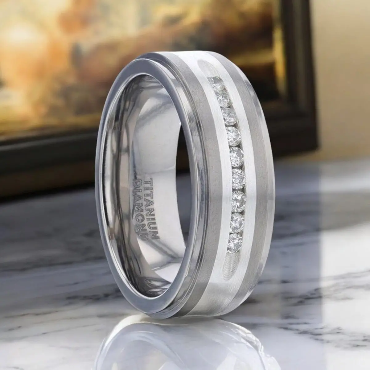 Bond | Silver Titanium Ring, Sterling Inlay, White Diamonds, Stepped Edge 1