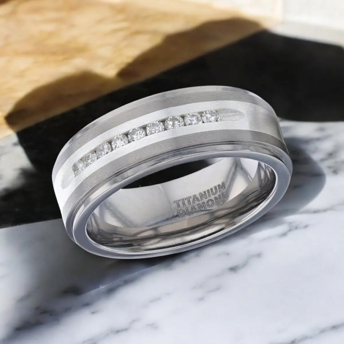 Bond | Silver Titanium Ring, Sterling Inlay, White Diamonds, Stepped Edge 2