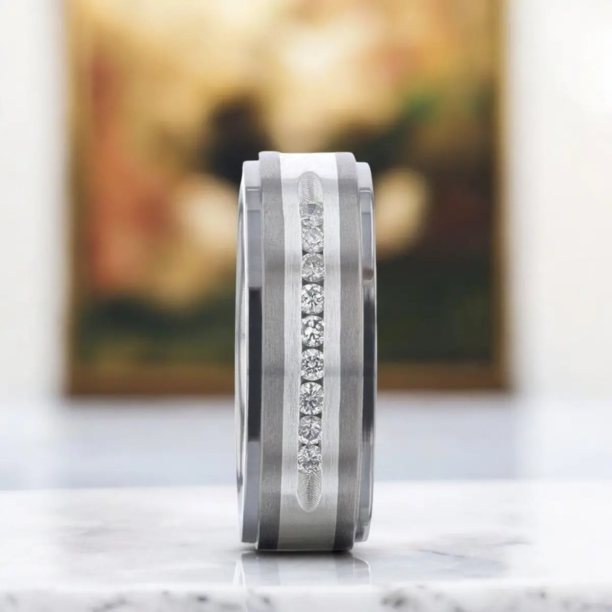 Bond | Silver Titanium Ring, Sterling Inlay, White Diamonds, Stepped Edge 4