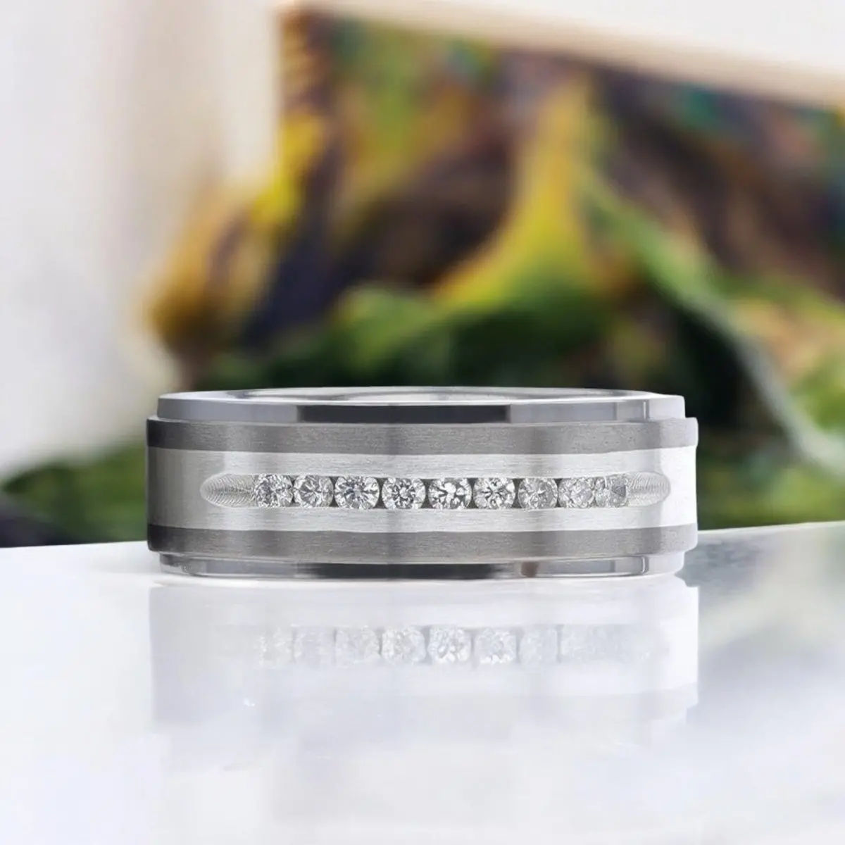 Bond | Silver Titanium Ring, Sterling Inlay, White Diamonds, Stepped Edge 3