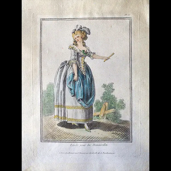 Elégante Se Promenant, Gravure De Mode De La Suite Etude Pour Les Demoiselles D'après Jean-Baptiste Huet (1783) 1