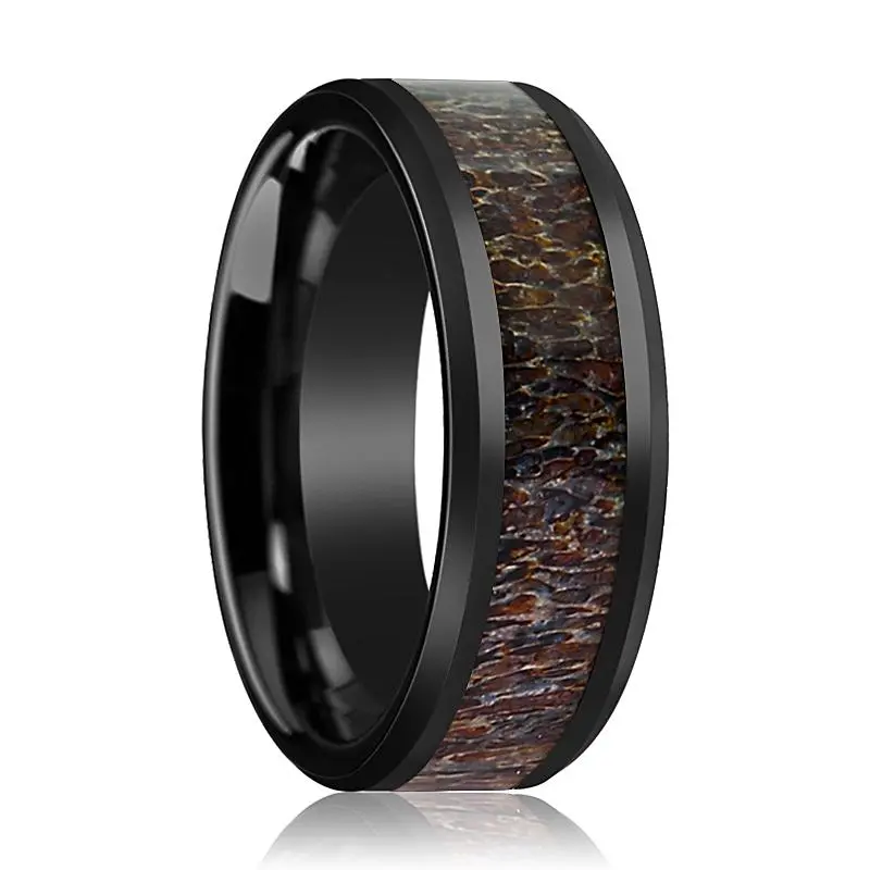Bony | Black Ceramic Ring, Dark Brown Antler Inlay, Beveled 1