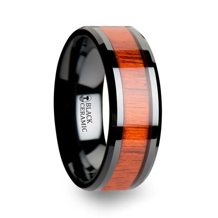 Bosulu | Black Ceramic Ring, Real Padauk Wood Inlay, Beveled 3