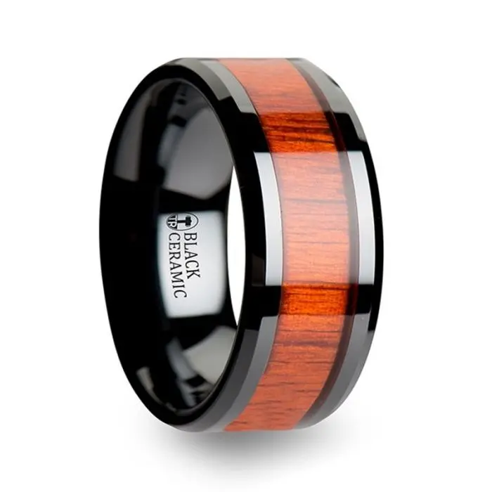 Bosulu | Black Ceramic Ring, Real Padauk Wood Inlay, Beveled 5