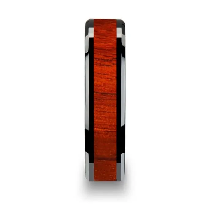 Bosulu | Black Ceramic Ring, Real Padauk Wood Inlay, Beveled 2
