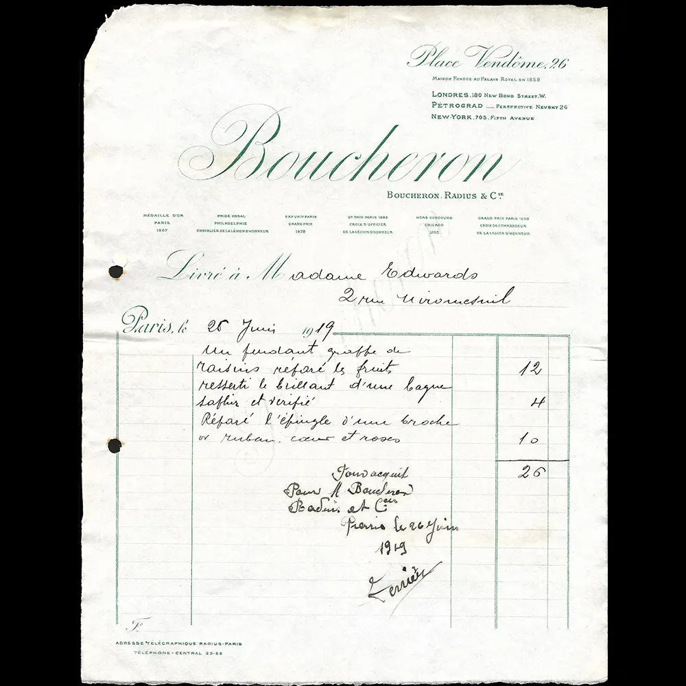 Boucheron - Facture De La Maison De Joaillerie, 26 Place Vendôme À Paris (1919) 1