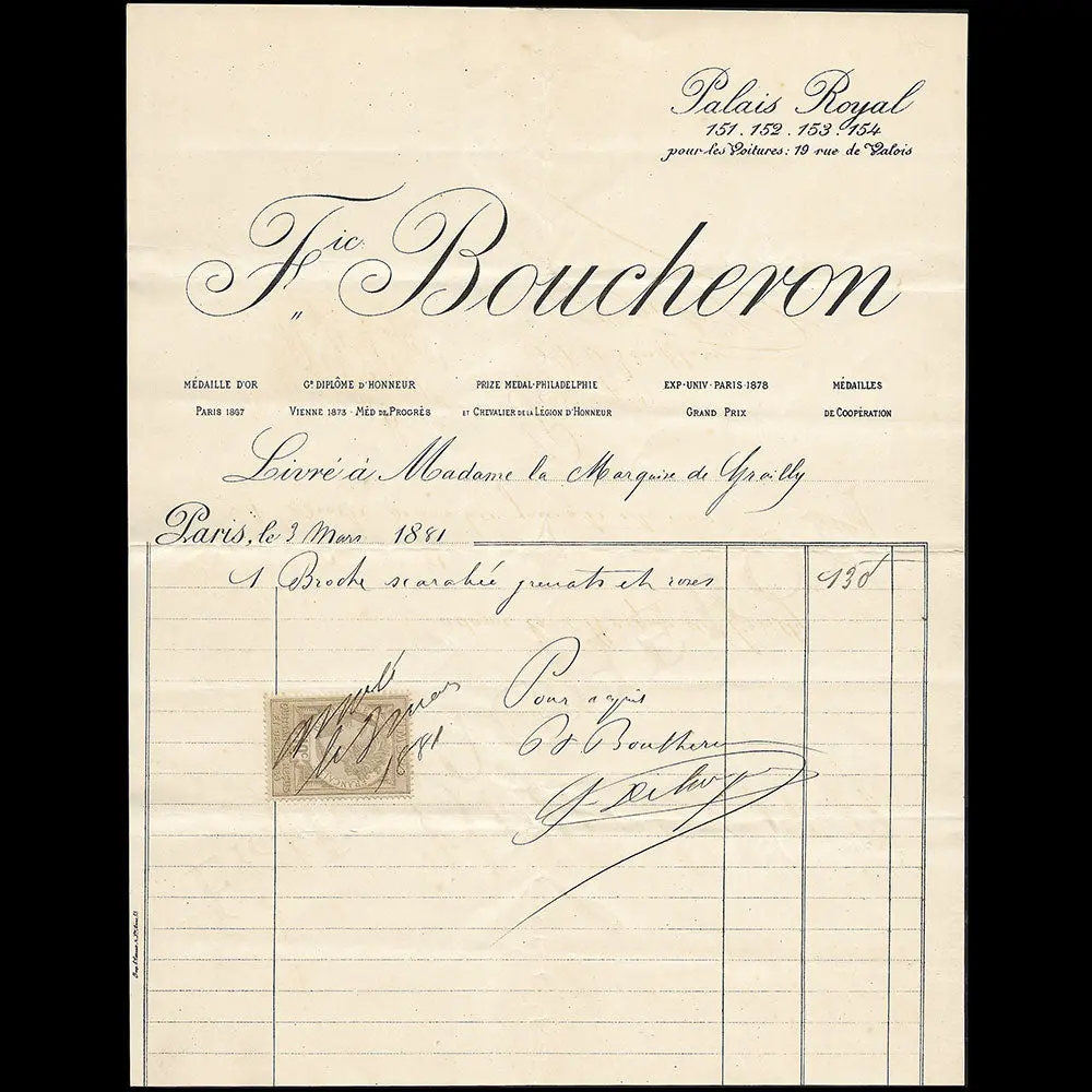 Boucheron - Facture De La Maison De Joaillerie, Palais Royal À Paris (1881) 1