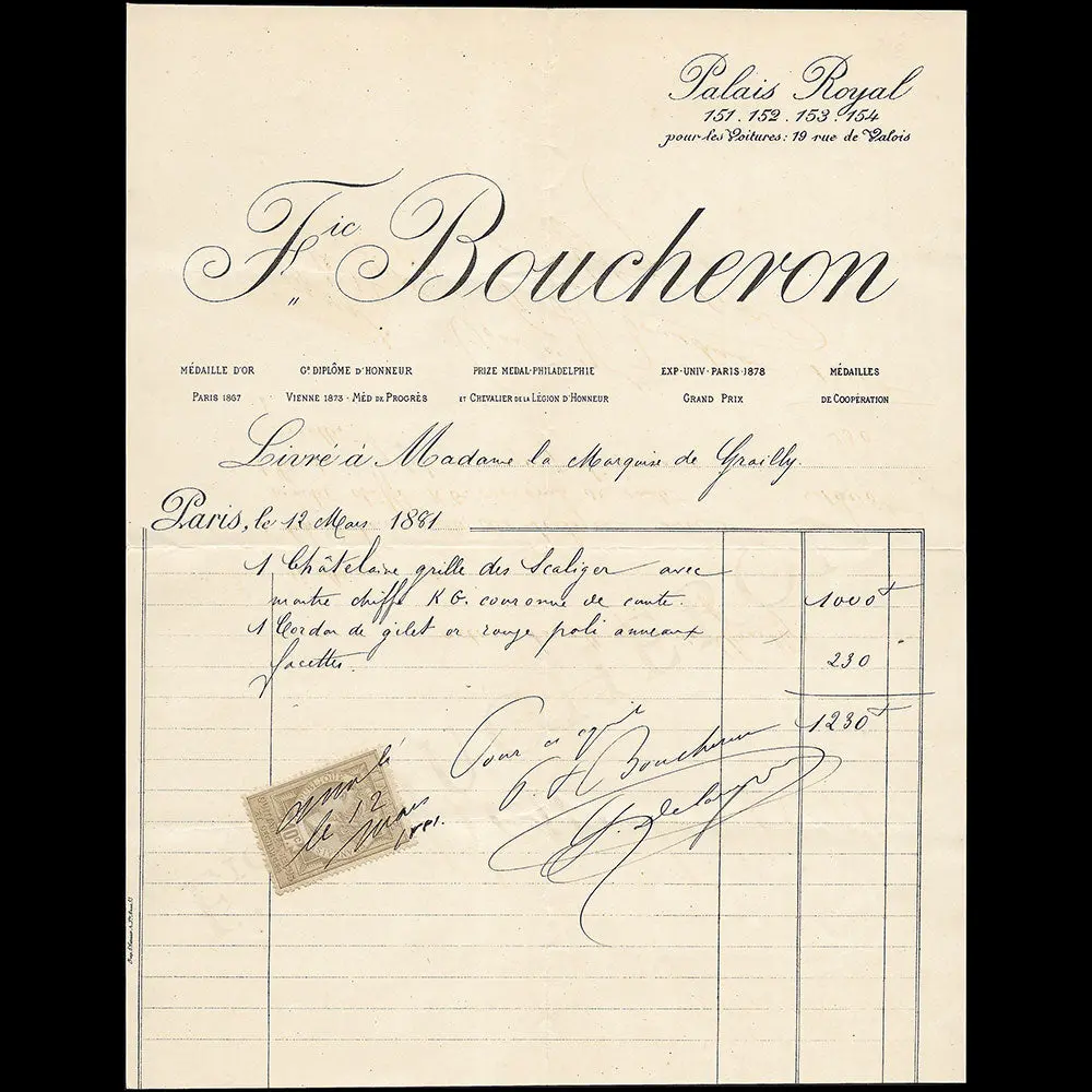Boucheron - Facture De La Maison De Joaillerie, Palais Royal À Paris (1881) 1