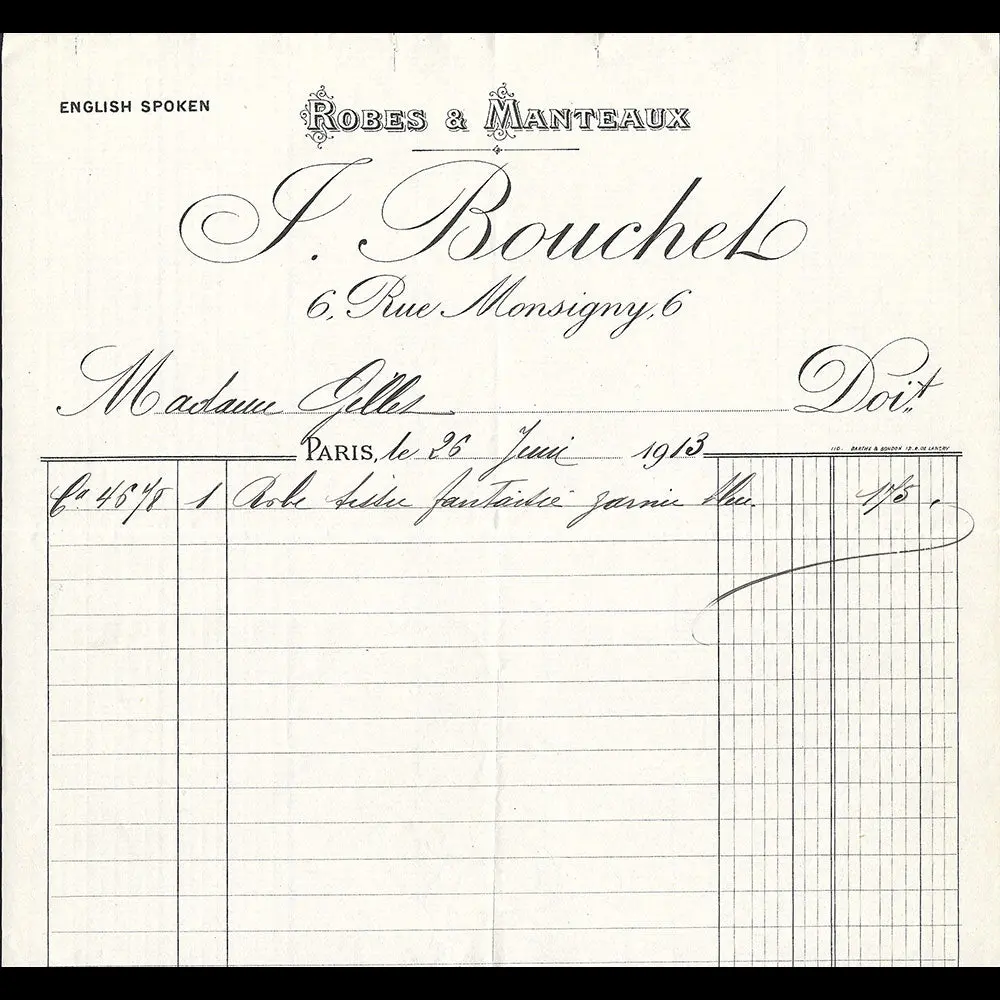 Bouchet - Facture De La Maison De Couture, 6 Rue Monsigny À Paris (1913) 1