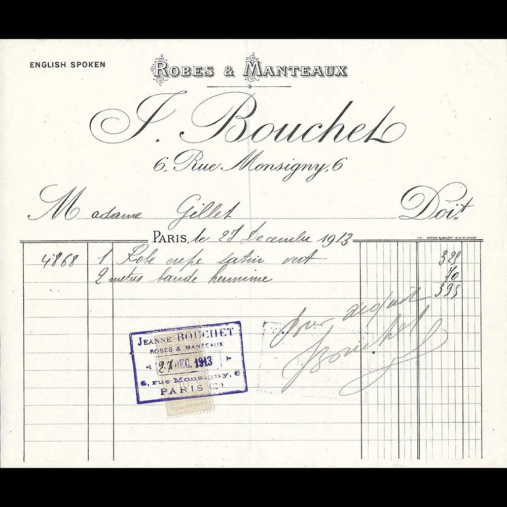 Bouchet - Facture De La Maison De Couture, 6 Rue Monsigny À Paris (1913) 1