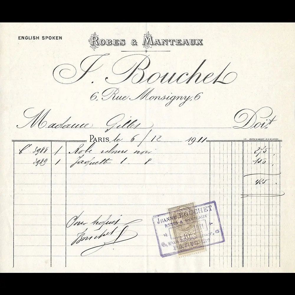 Bouchet - Facture De La Maison De Couture, 6 Rue Monsigny À Paris (1911) 1