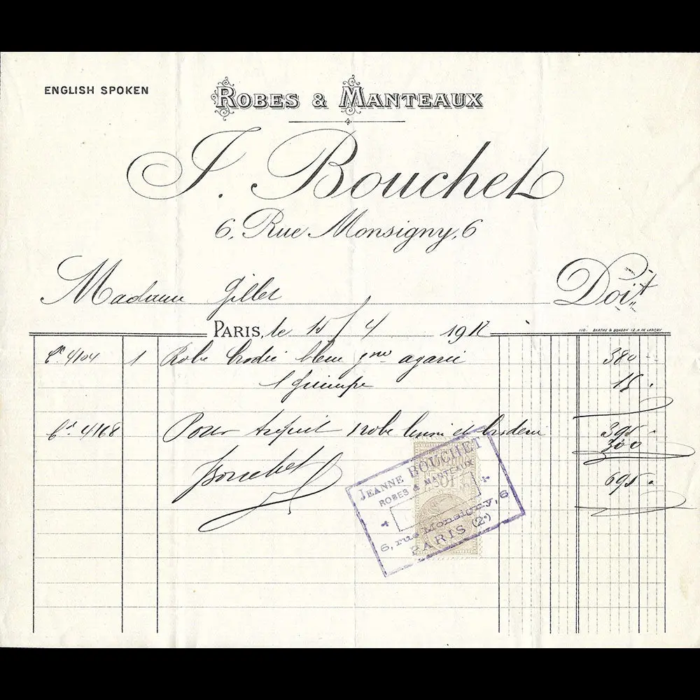 Bouchet - Facture De La Maison De Couture, 6 Rue Monsigny À Paris (1912) 1